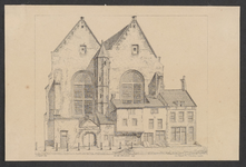 550 De voorgevel van de Nieuwe Kerk aan de Groenmarkt te Middelburg, met aangrenzende panden, vóór de wijziging