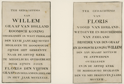 565 Opschriften op de marmeren gedenkstenen ter ere van Willem II, graaf van Holland, begraven 1282 en Floris de Voogd, ...