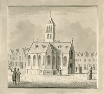 582 De Westmonsterkerk op de Grote Markt te Middelburg, afgebroken in 1575, met personen in 18de eeuws kostuum