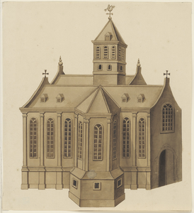 584 De Westmonsterkerk op de Grote Markt te Middelburg, afgebroken in 1575, met aantekening door mr J. Verheye van ...