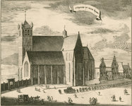 588 St. Pieters of Oude Kerk. Gezicht op de Sint Pieterskerk of Oude Kerk te Middelburg, afgebroken 1834, met een ...