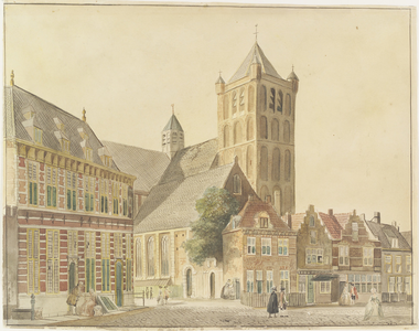593 Gezicht op de Sint Pieterskerk of Oude Kerk te Middelburg, met aangrenzende huizen en voorbijgangers, in ...