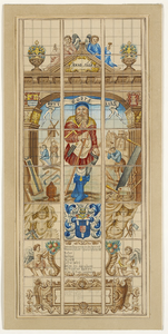 598 Het glasraam van het Sint Joseph- of timmermansgilde, met Sint Joseph, omringd door timmerlieden, gereedschap, een ...