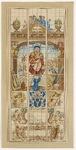 598 Het glasraam van het Sint Joseph- of timmermansgilde, met Sint Joseph, omringd door timmerlieden, gereedschap, een ...