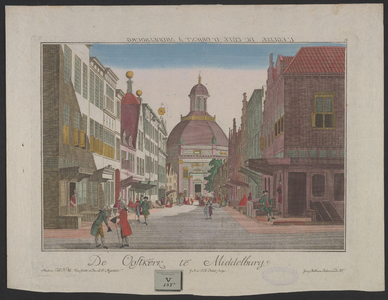 628 De Oostkerk te Middelburg. Gezicht op de Oostkerk te Middelburg door de Breestraat vanuit de Nederstraat, ...