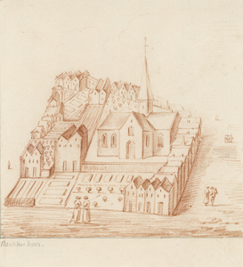 652 Bachtenhove. Gezicht op kerk en klooster van Bachten 's graven hove in de Zusterstraat te Middelburg, met monniken
