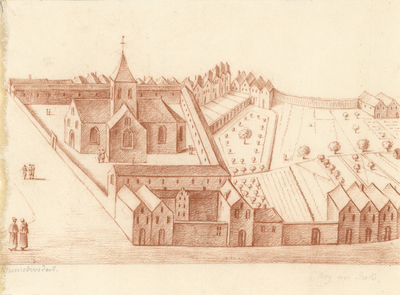 654 Minnebroeders. Gezicht op de kerk en het klooster van de Minderbroeders aan de Bogardstraat te Middelburg, ...