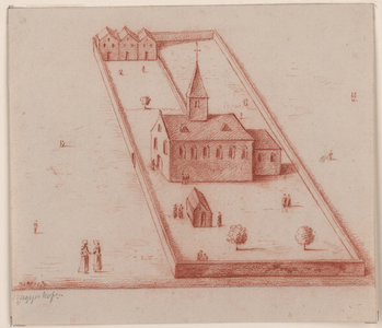 657 Bagijnhof. Gezicht op de voormalige Bagijnhofkerk te Middelburg, afgebroken 1587, met zusters en voorbijgangers