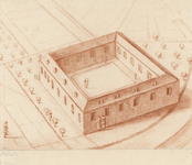 664 Pesthuis. Gezicht op het voormalige pesthuis op het Bagijnhof te Middelburg, afgebroken circa 1724, met patiënten ...