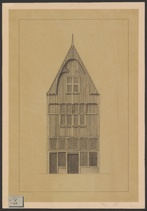 718 De houten gevel aan de Lange Delft te Middelburg B 125 (nu 79), in 1888 geplaatst aan de zijmuur van het voormalige ...