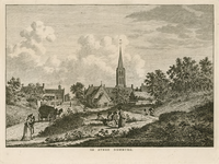 72 De Stede Domburg. Gezicht op de stad Domburg met Nederlandse Hervormde kerk en rustend gezelschap op de voorgrond, ...