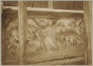 722e Details (beeldhouwwerk) vee, Christus en tentenkamp van de gevel van het huis In den Steenrotse te Middelburg aan ...