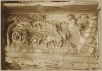 722h Details (beeldhouwwerk) met paard en wagen van de gevel van het huis In den Steenrotse te Middelburg aan de ...