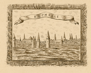 748 Rochelle. Gezicht op de stad la Rochelle op een gevelsteen van het huis Rochelle aan de Molstraat N 22 (nu 6) te ...