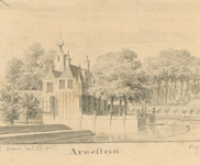 759 Arnestein. Gezicht op de hofstede Arnestein aan de Kleverskerkseweg te Middelburg, aan de achterzijde, met dames op ...