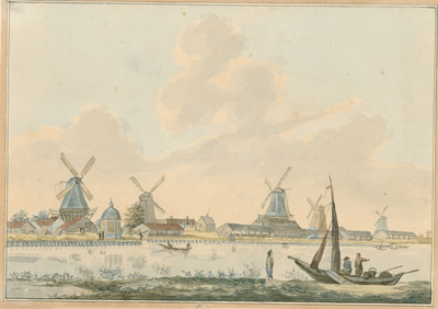 786 Gezicht op de zaagmolens in de kom te Middelburg, vanuit het oosten, met bootjes en personen
