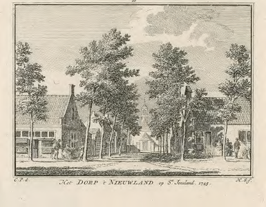798 Het Dorp 't Nieuwland op St. Joosland. 1745. Gezicht in het dorp Nieuwland, met op de achtergrond de Nederlandse ...