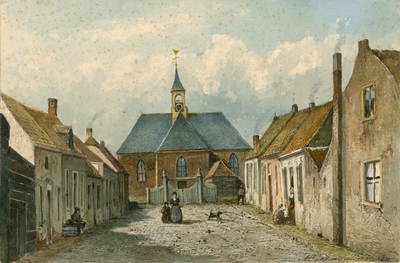 801 Gezicht in de dorpsstraat van Nieuwland, met de Nederlandse Hervormde kerk