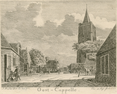 808 Oost-Cappelle. Gezicht in het dorp Oostkapelle, met kerktoren