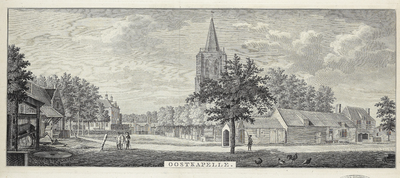 809 Oostkapelle. Gezicht in het dorp Oostkapelle, met kerktoren, huis Oostkapelle, travalje, en schildwachthuisje