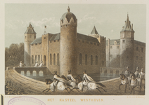 822 Het kasteel Westhoven. Gezicht op het kasteel Westhove te Oostkapelle, van de voorzijde, met ridders te paard