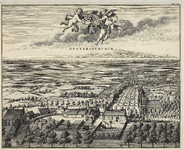 850 Oostersouburch. Gezicht op de heerlijkheid Oost-Souburg, in vogelvlucht, met de wapens van Souburg, de Munck en ...