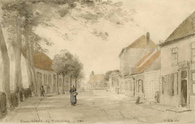 857 Groote Abeele bij Middelburg in 1880. Gezicht in de dorpsstraat van de Grote Abeele te Oost-Souburg, met rechts de ...