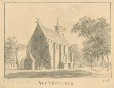 871 West Souburg. Gezicht op de Nederlandse Hervormde kerk te West-Souburg, met ooievaarsnest