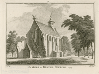 872 De Kerk te Wester-Souburg, 1743. Gezicht op de Nederlandse Hervormde kerk te West-Souburg, met ooievaarsnest