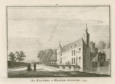 887 Het Kasteel te Wester-Souburg. 1743. Gezicht op de voorzijde van het kasteel Aldegonde te West-Souburg, met ...