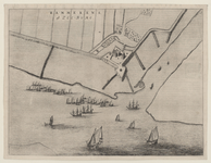 894 Rammekens, oft Zeeburg. Plattegrond van het fort Rammekens te Ritthem en omgeving, in vogelvlucht, met schepen op ...