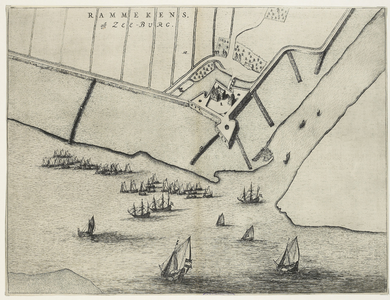 896 Rammekens, oft Zeeburg. Plattegrond van het fort Rammekens te Ritthem en omgeving, in vogelvlucht, met schepen op ...