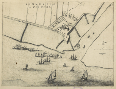 897 Plattegrond van het fort Rammekens te Ritthem en omgeving, in vogelvlucht, met schepen op de rede. Oriëntatie ...
