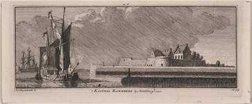 908 't Kasteel Rammekes bij Middelburg. Gezicht op het fort Rammekens van de zeezijde, met schepen op de voorgrond