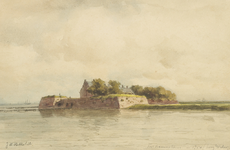 909 Fort Rammekens in 1750 (hoog water). Gezicht op de rede en het fort van Rammekens te Ritthem, met schepen op de ...
