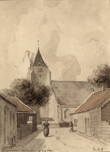 944 Serooskerke in Walcheren. Gezicht in de dorpsstraat van het dorp Serooskerke (Walcheren), met een vrouw in ...
