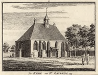 961 De Kerk van St. Laurens. 1743. De Nederlandse Hervormde kerk te Sint Laurens, met personen