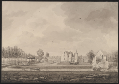 968 Gezicht op kasteel Popkensburg te Sint Laurens aan de voorzijde, met links een hooimijt bij de boerderij