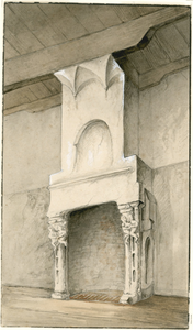 979a Een schoorsteenmantel, versierd met putti, in het voormalige kasteel Popkensburg te Sint Laurens
