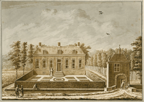 988a Gezicht op de voorzijde van huis en tuin van de buitenplaats Nieuwenhove te Brigdamme, met personen
