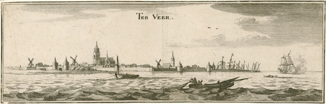 991 Ter Veer. Gezicht op de stad Veere, vanuit zee, met een oorlogsschip en op de voorgrond vissers