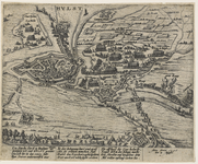 100 Kaart van de verovering van de stad Hulst door de Spanjaarden, met 3 x 4 versregels (Duits) onder
