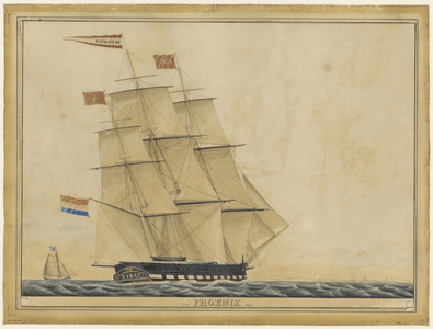 1015a Het fregat Phoenix van Boddaert & Co te Middelburg onder kapitein P.J. Kasse, op volle zee, met op de achtergrond ...