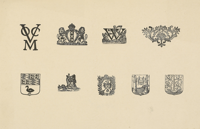 1048-7 Stalen van vignetten, aanwezig bij de firma U.F. Auer en Zoon, drukkers te Middelburg, het beeldmerk van de ...