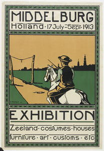 1053 Een ploegende boer met trekpaard voor het silhouet van de stad Middelburg op een affiche voor de Zeeuwse ...