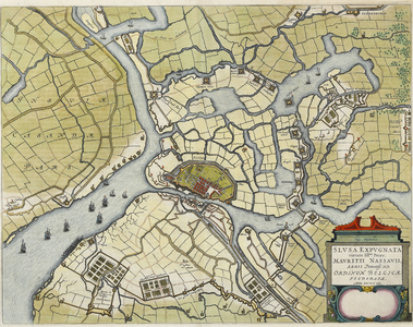 116 Kaart van Sluis, Cadzand en omliggende polders tijdens het beleg en de verovering van Sluis door prins Maurits, met ...