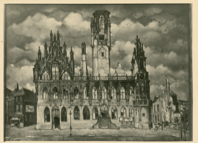 1195-142 Schilderij van het verwoeste stadhuis van Middelburg na het bombardement van 17 mei 1940, geschilderd door ...