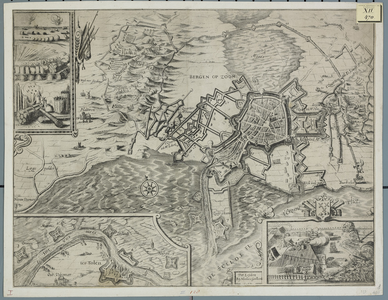 128 Kaart van het beleg van Bergen op Zoom door Spinola met de ligging van de kwartieren, oriëntatie noordoosten boven, ...