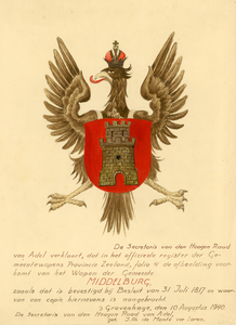 1368 Copie van het wapen van Middelburg, zoals dat is afgebeeld in het officiële register der Gemeentewapens Provincie ...