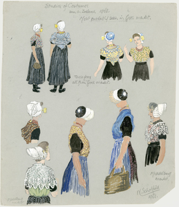 1384-2 Studies of costumes seen in Zeeland 1968 [13 studies van vrouwen in klederdracht op de markten van Goes en ...